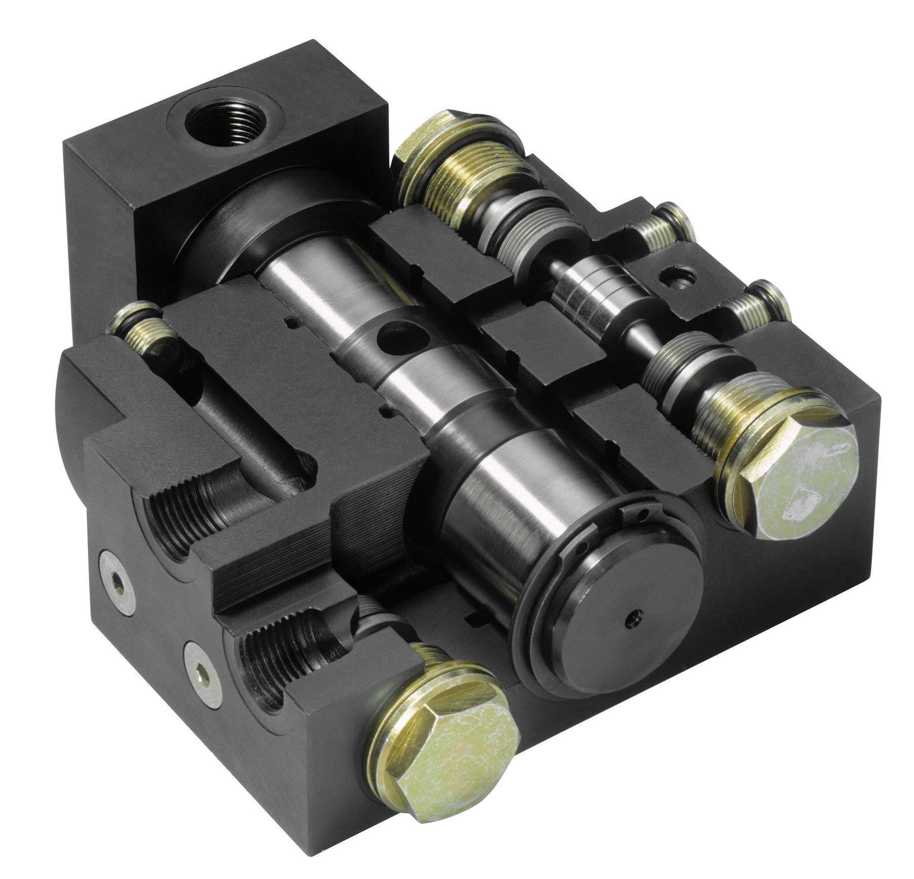 Aufgeschnittener Ventilblock mit Steuerschieber, Fertigung A/S Sauer Hydraulik