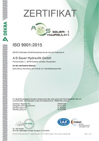 ISO-Zertifikat DIN EN ISO 9001:2015, A/S Sauer Hydraulik GmbH